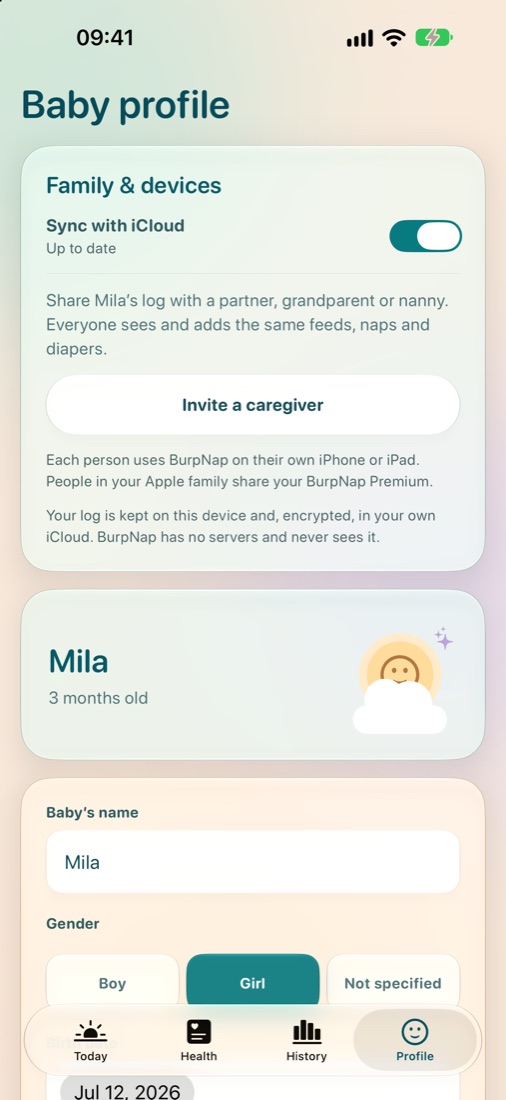 Family and devices in BurpNap: iCloud sync is on and a button invites a caregiver